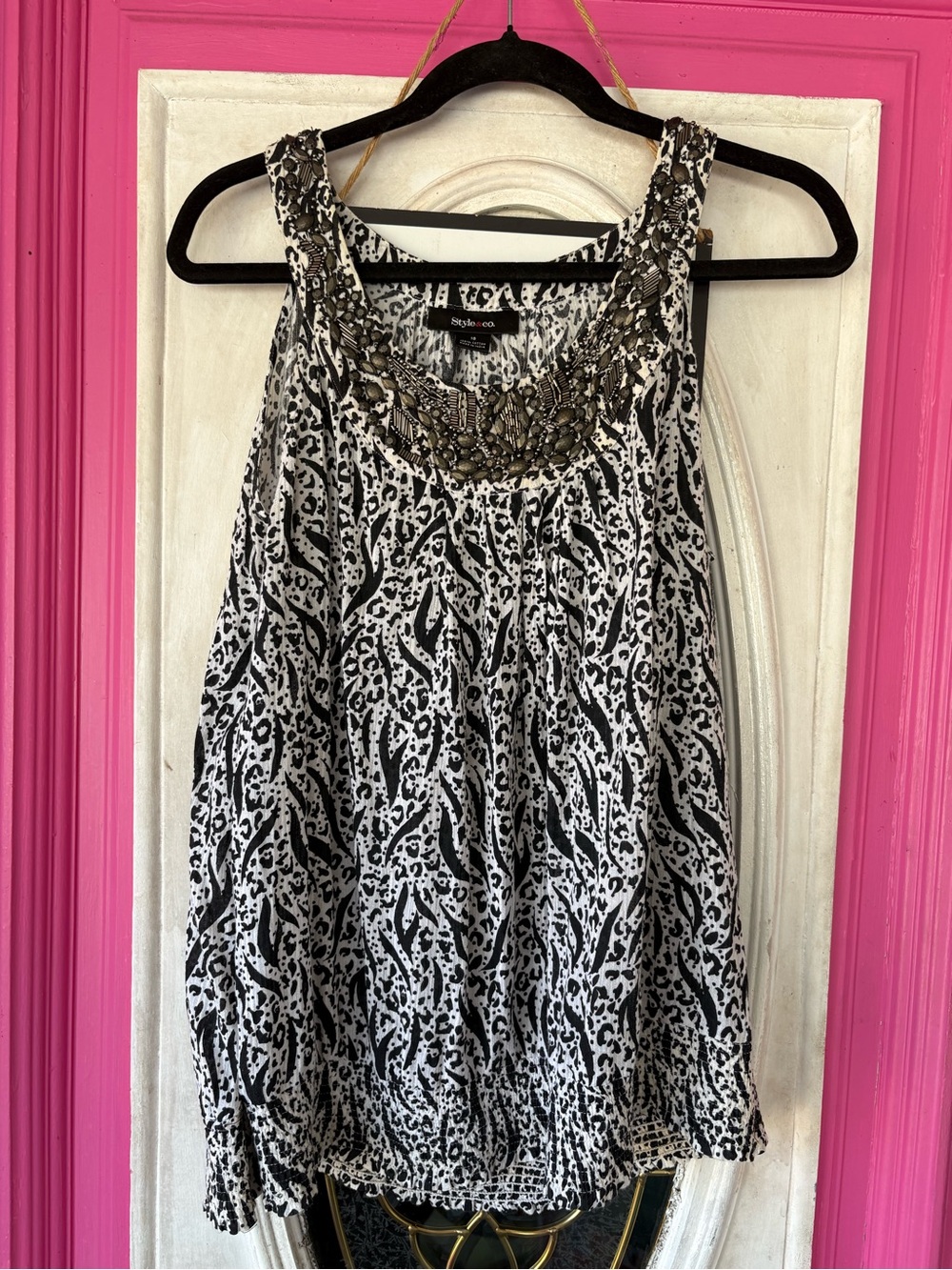 Style & Co. Black and White Printed Beaded Neckline Camisole